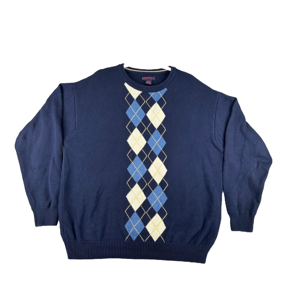Vtg Jantzen‎ Cotton Argyle Sweater Blue Cream Knit Pullover Mens X-Large Classic